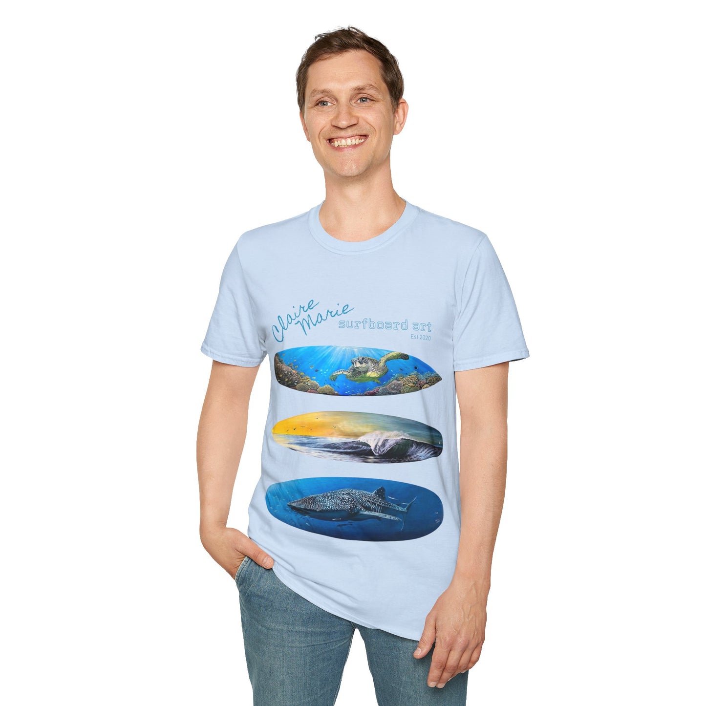 Claire Marie Surfboard Art T-Shirt — Sunset Wave, Turtle & Whale Shark Graphic Tee