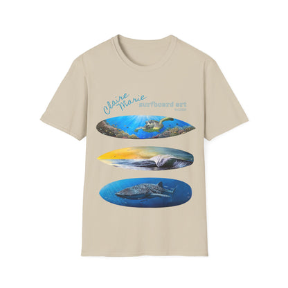 Claire Marie Surfboard Art T-Shirt — Sunset Wave, Turtle & Whale Shark Graphic Tee