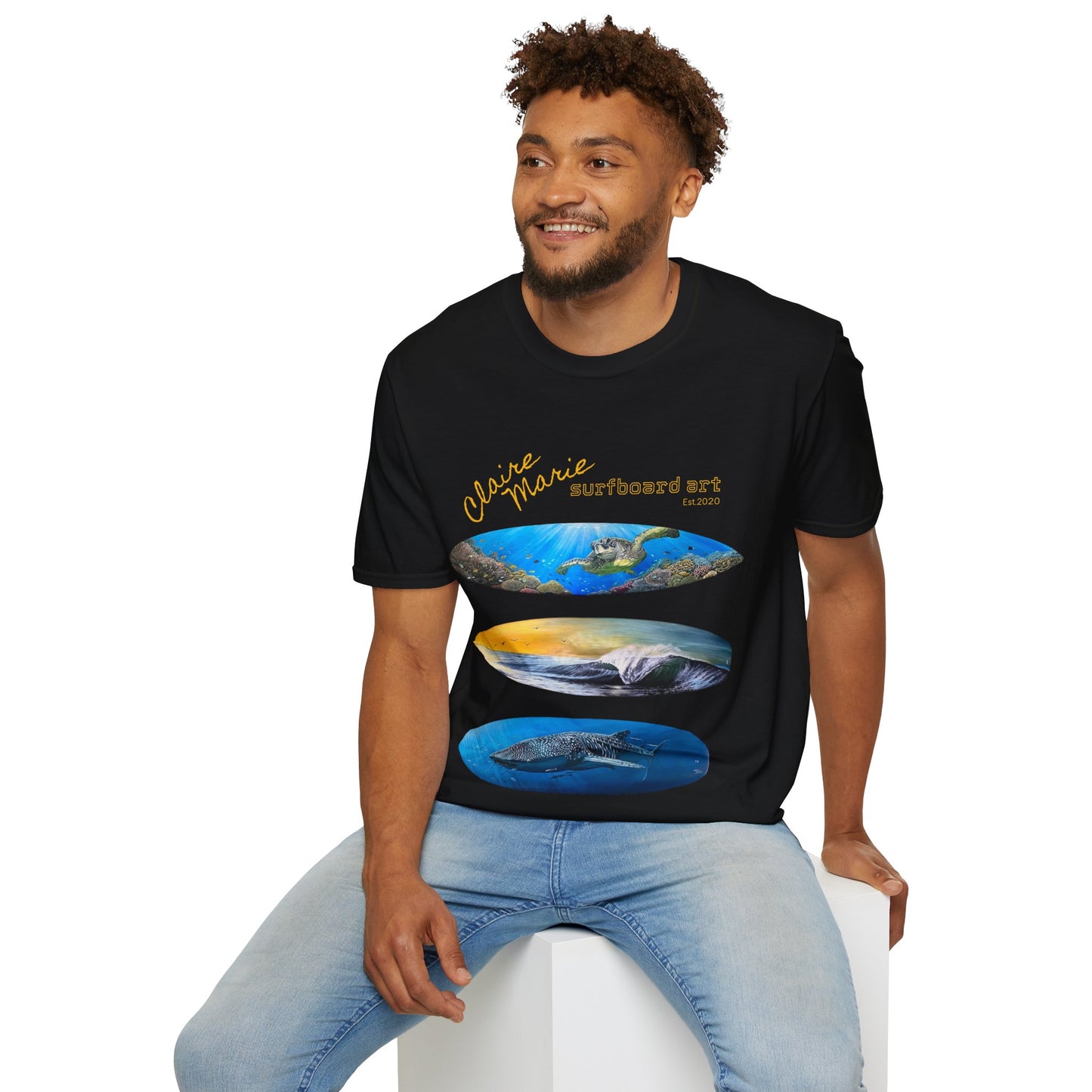 Claire Marie Surfboard Art T-Shirt — Sunset Wave, Turtle & Whale Shark Graphic Tee