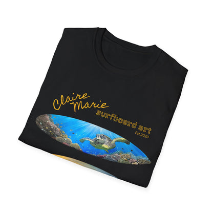 Claire Marie Surfboard Art T-Shirt — Sunset Wave, Turtle & Whale Shark Graphic Tee