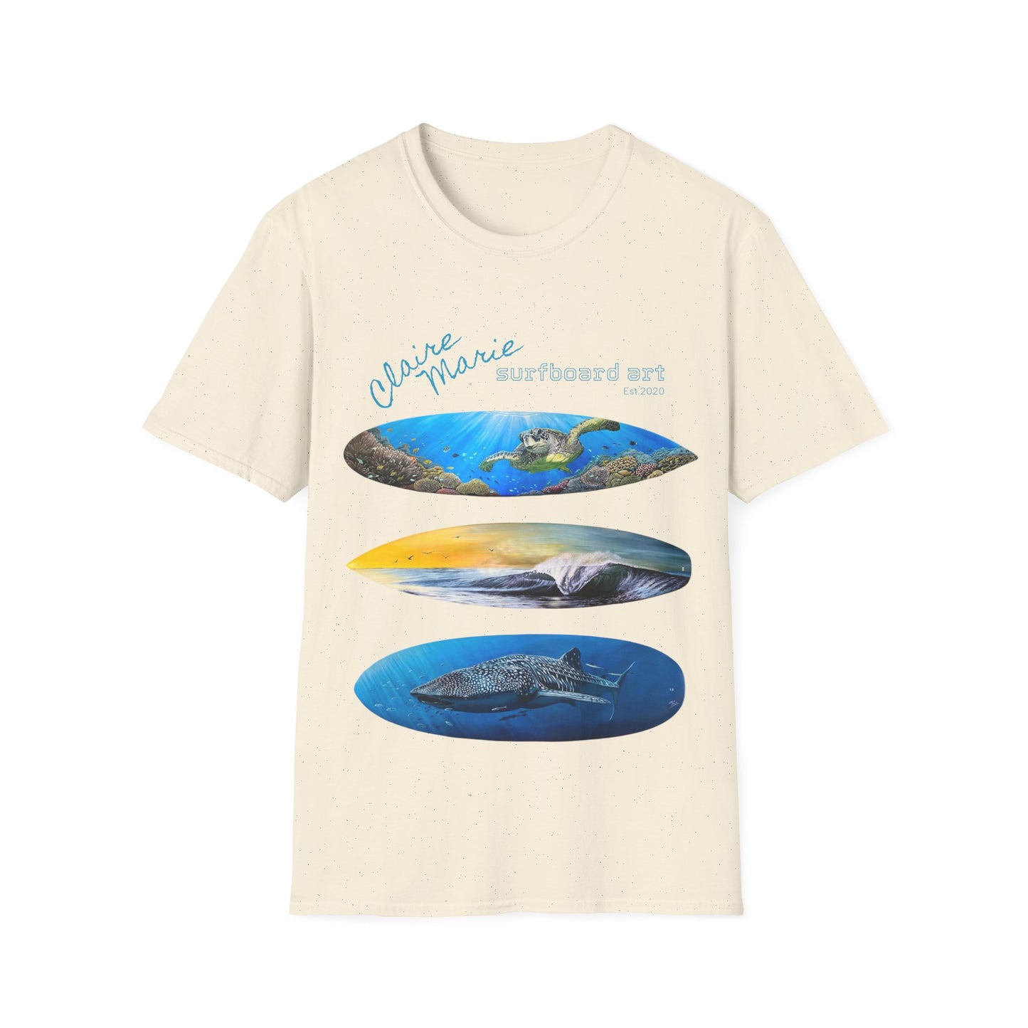 Claire Marie Surfboard Art T-Shirt — Sunset Wave, Turtle & Whale Shark Graphic Tee