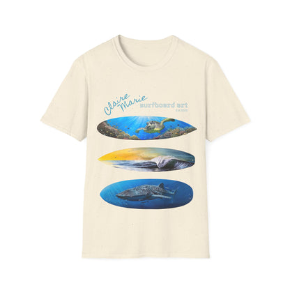 Claire Marie Surfboard Art T-Shirt — Sunset Wave, Turtle & Whale Shark Graphic Tee