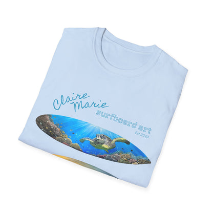 Claire Marie Surfboard Art T-Shirt — Sunset Wave, Turtle & Whale Shark Graphic Tee