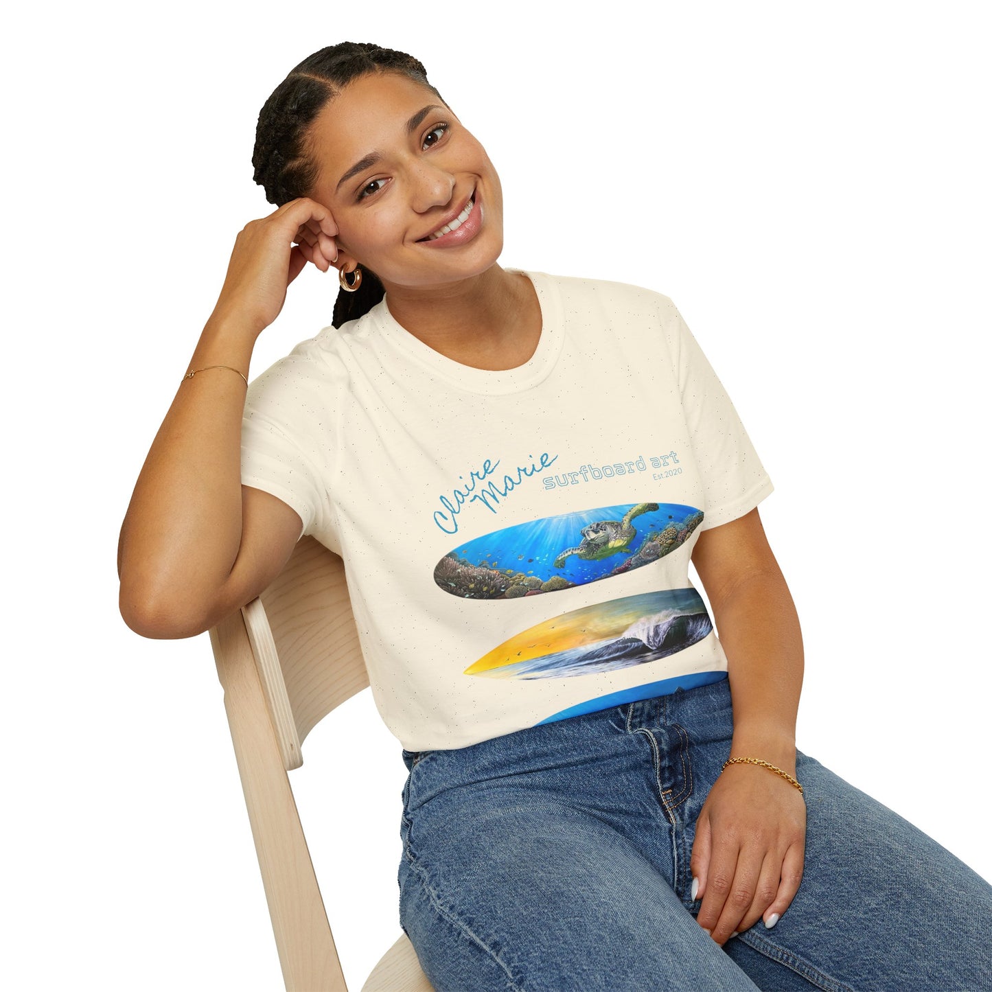 Claire Marie Surfboard Art T-Shirt — Sunset Wave, Turtle & Whale Shark Graphic Tee