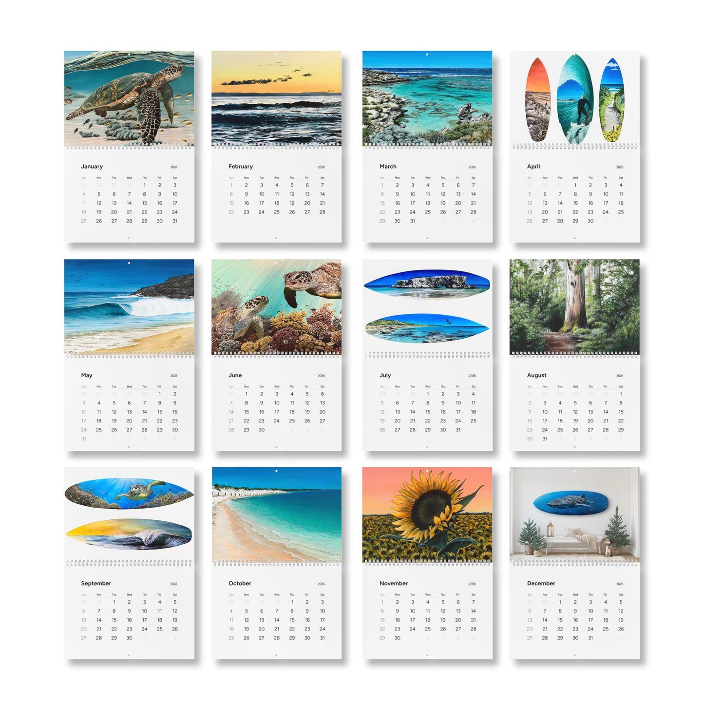 Claire Marie 2026 Art Wall Calendar — Coastal & Surfboard Landscapes