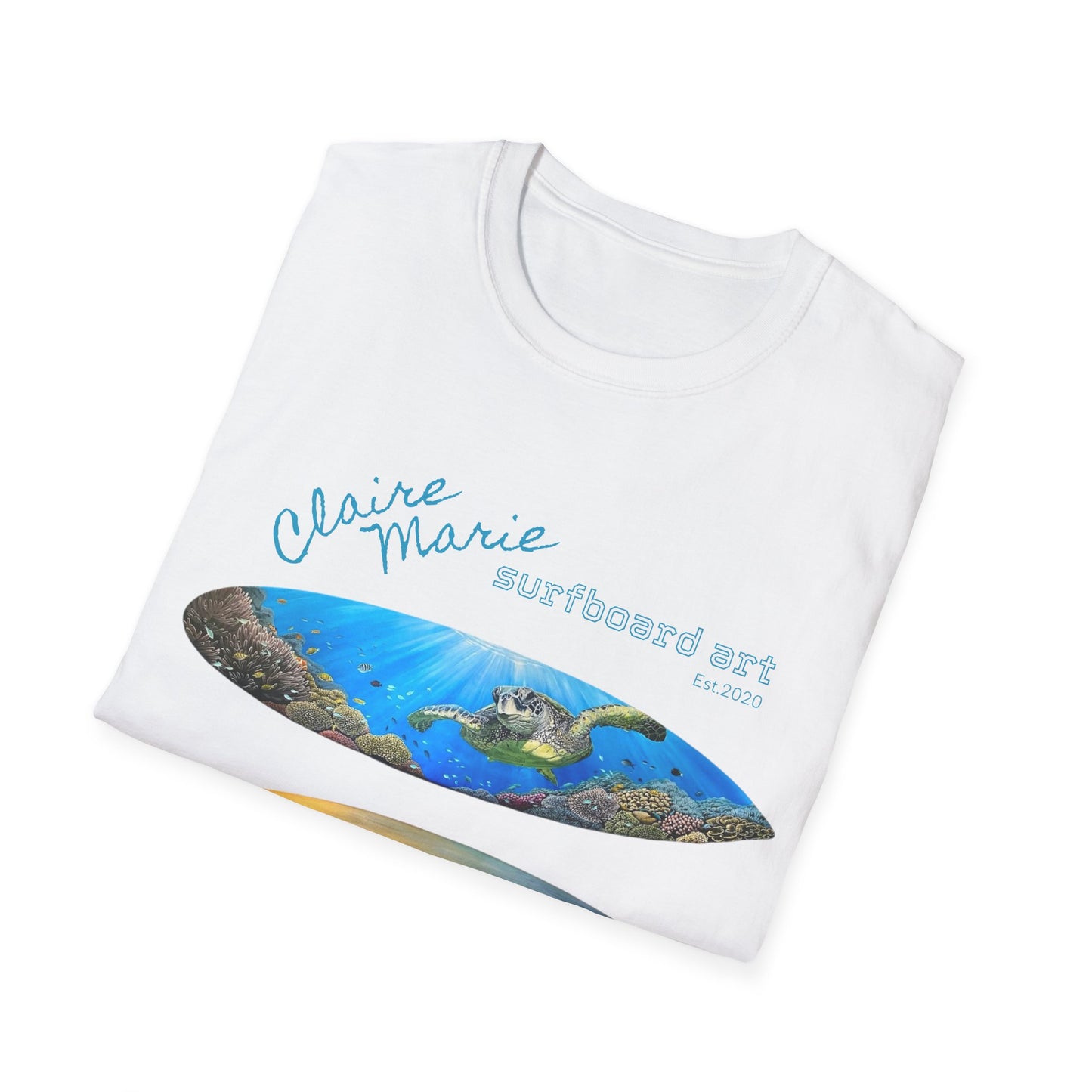 Claire Marie Surfboard Art T-Shirt — Sunset Wave, Turtle & Whale Shark Graphic Tee