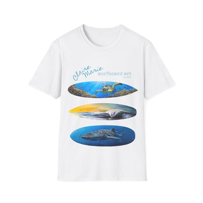 Claire Marie Surfboard Art T-Shirt — Sunset Wave, Turtle & Whale Shark Graphic Tee