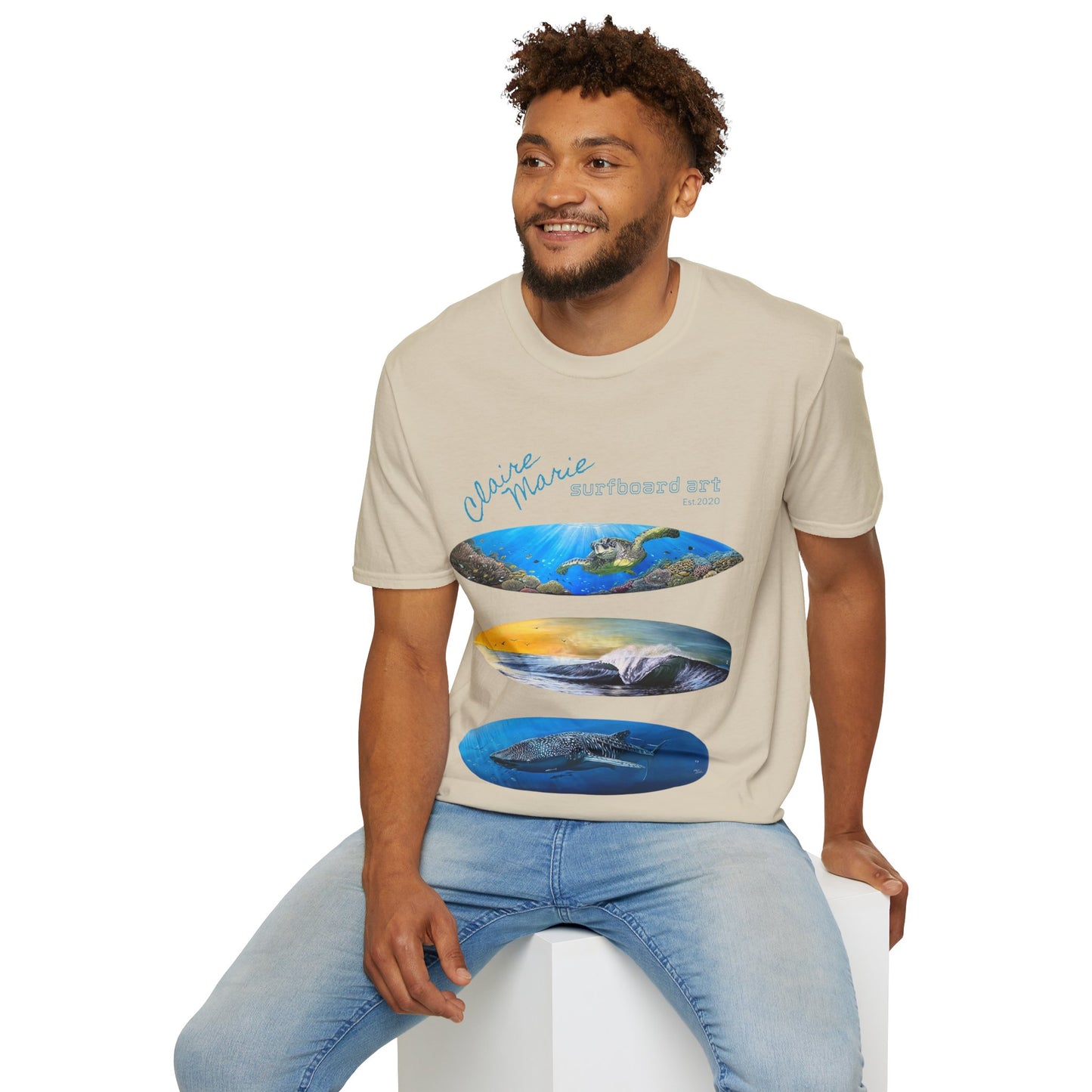 Claire Marie Surfboard Art T-Shirt — Sunset Wave, Turtle & Whale Shark Graphic Tee