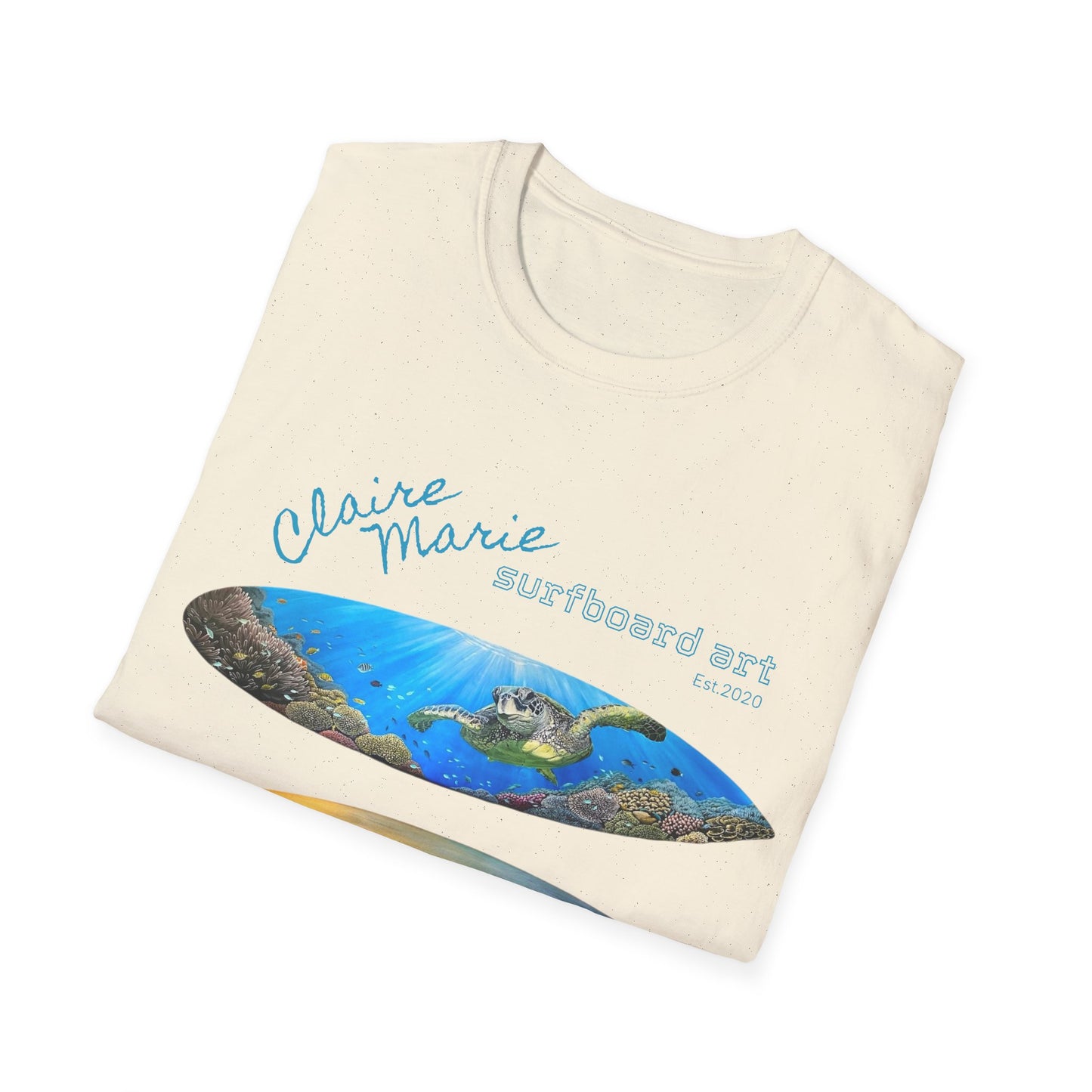 Claire Marie Surfboard Art T-Shirt — Sunset Wave, Turtle & Whale Shark Graphic Tee