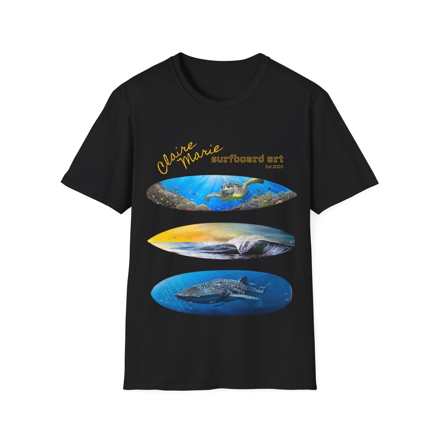 Claire Marie Surfboard Art T-Shirt — Sunset Wave, Turtle & Whale Shark Graphic Tee