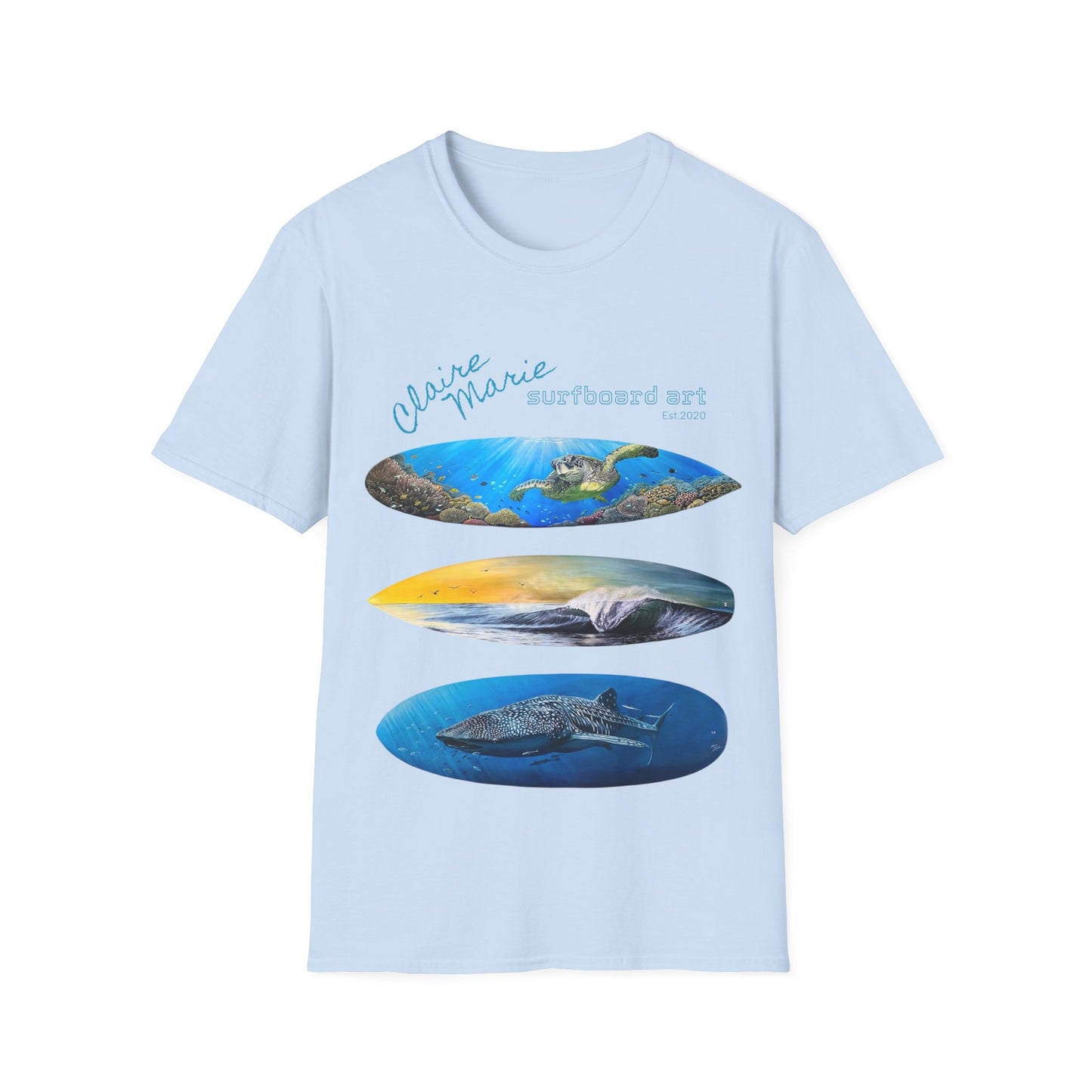 Claire Marie Surfboard Art T-Shirt — Sunset Wave, Turtle & Whale Shark Graphic Tee