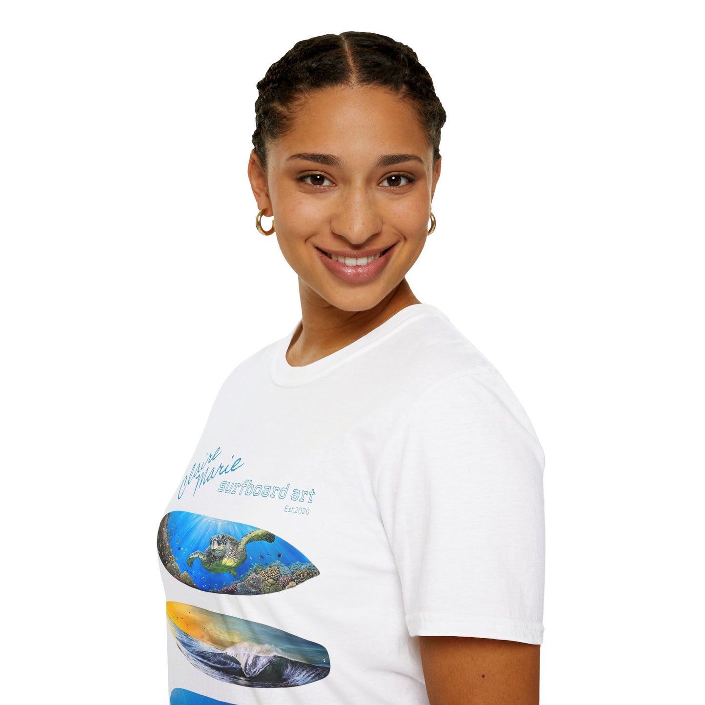 Claire Marie Surfboard Art T-Shirt — Sunset Wave, Turtle & Whale Shark Graphic Tee