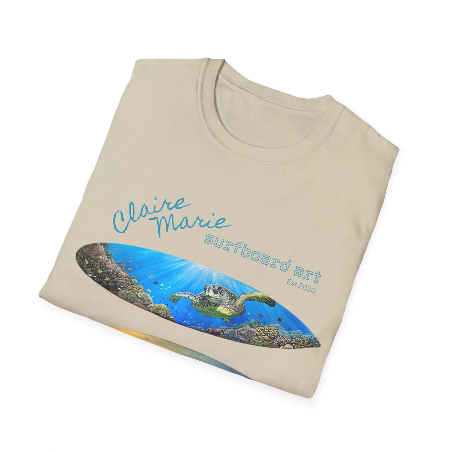 Claire Marie Surfboard Art T-Shirt — Sunset Wave, Turtle & Whale Shark Graphic Tee